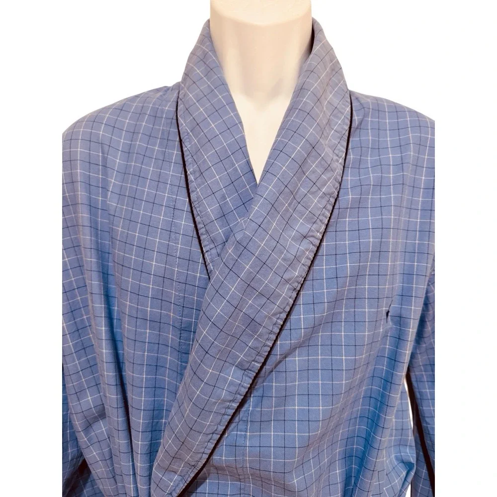 Vintage Polo Ralph Lauren Men Robe S M Blue Check‎ Piping Shawl Tie Cotton